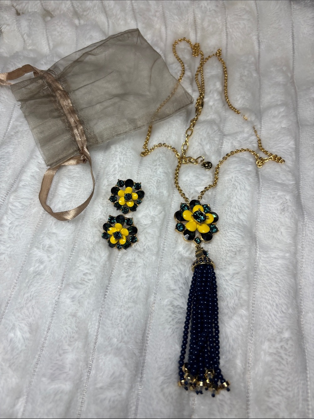 Talbots Floral Bead Tassel Necklace and Earring Set - Yellow & Navy